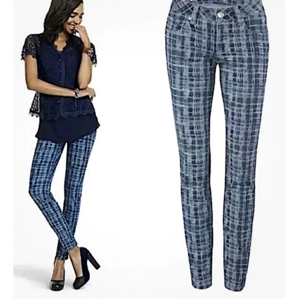 CAbi Womens #3047 Skinny Jeans‎ Size 8 Blue Grid Print Stretch Fun Classy